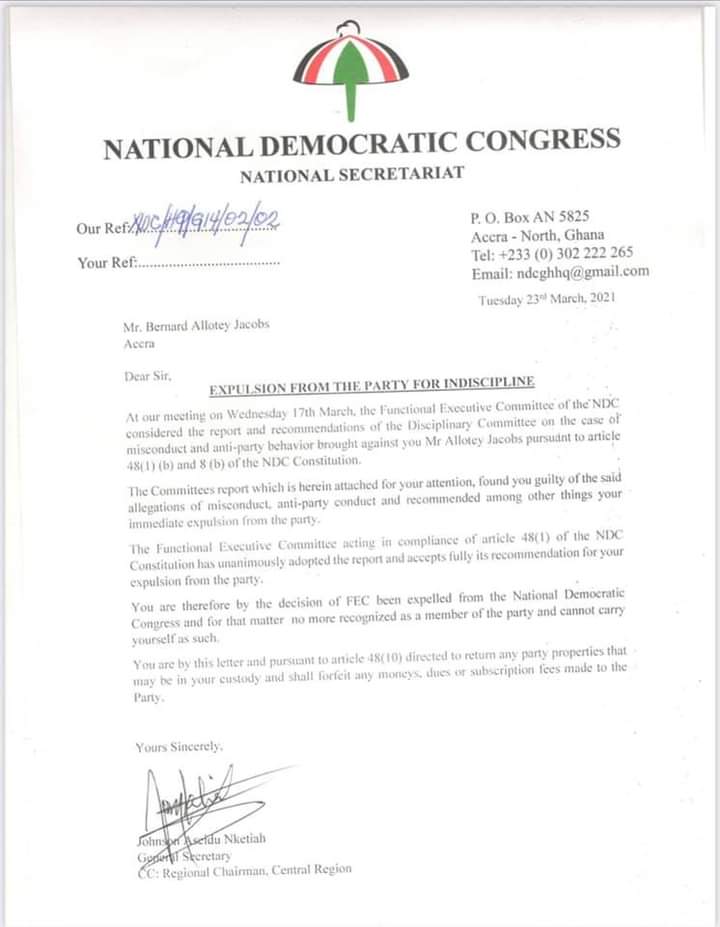 allotey's dismissal letter from NDC