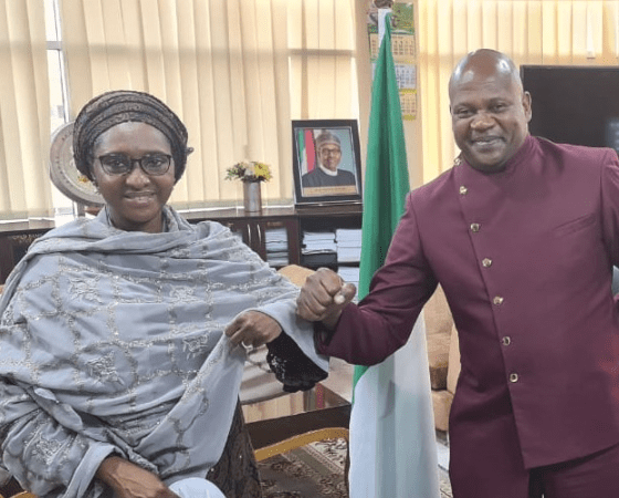 Nigeria Finance Minister Dr Zainab Shamsuna Ahmed and Shelter Afrique MD Andrew Chimphondah