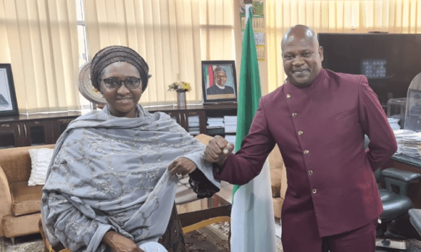 Nigeria Finance Minister Dr Zainab Shamsuna Ahmed and Shelter Afrique MD Andrew Chimphondah