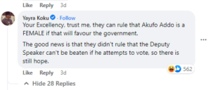 Screenshot of Yayrah Koku's comment