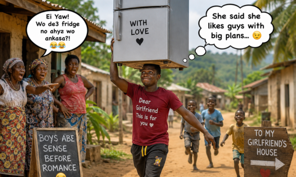 A young Ghanaian man speaking during an interview about his relationships and the controversy surrounding his mother's refrigerator.